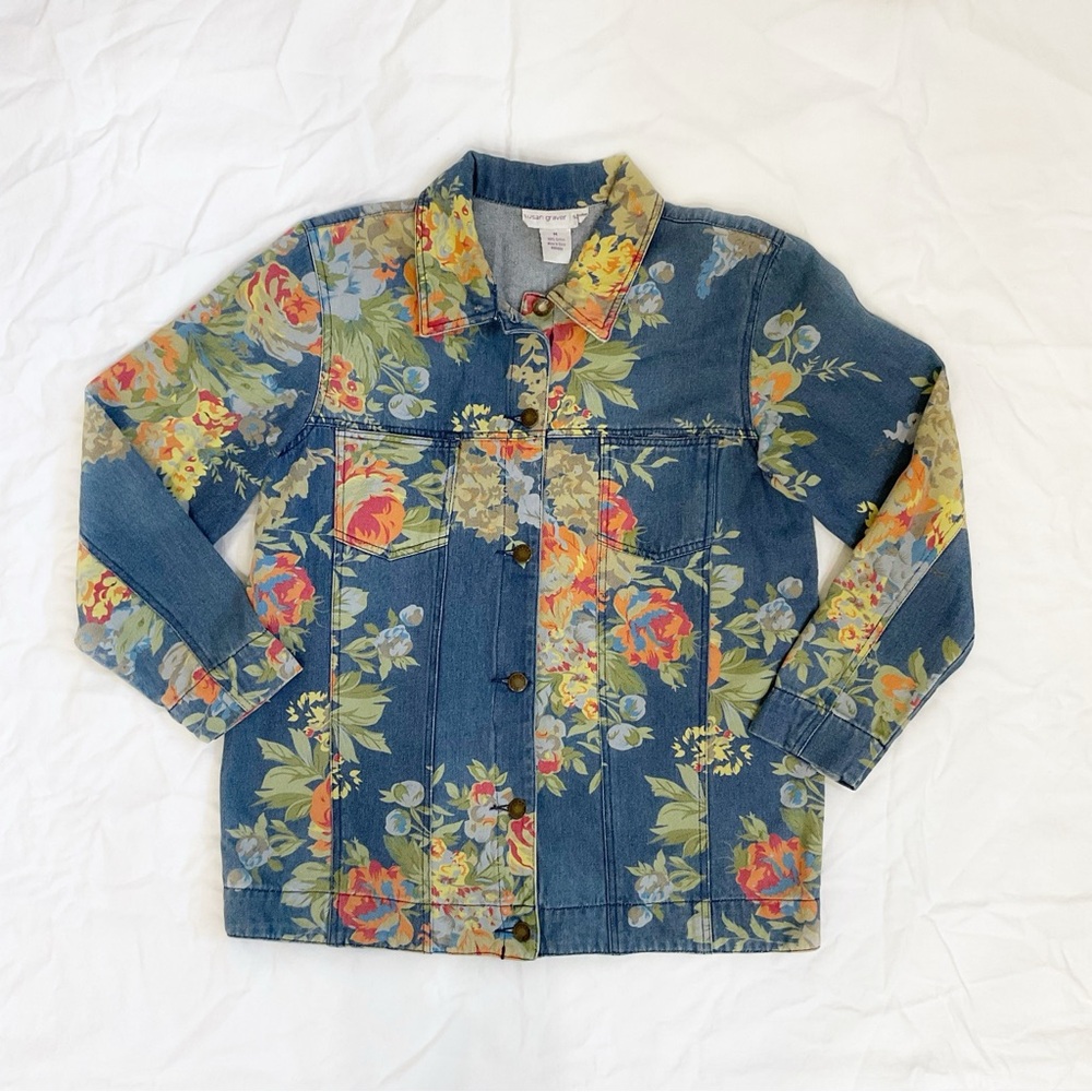 Susan Graver Floral Cotton Denim Button Up Jacket Size M